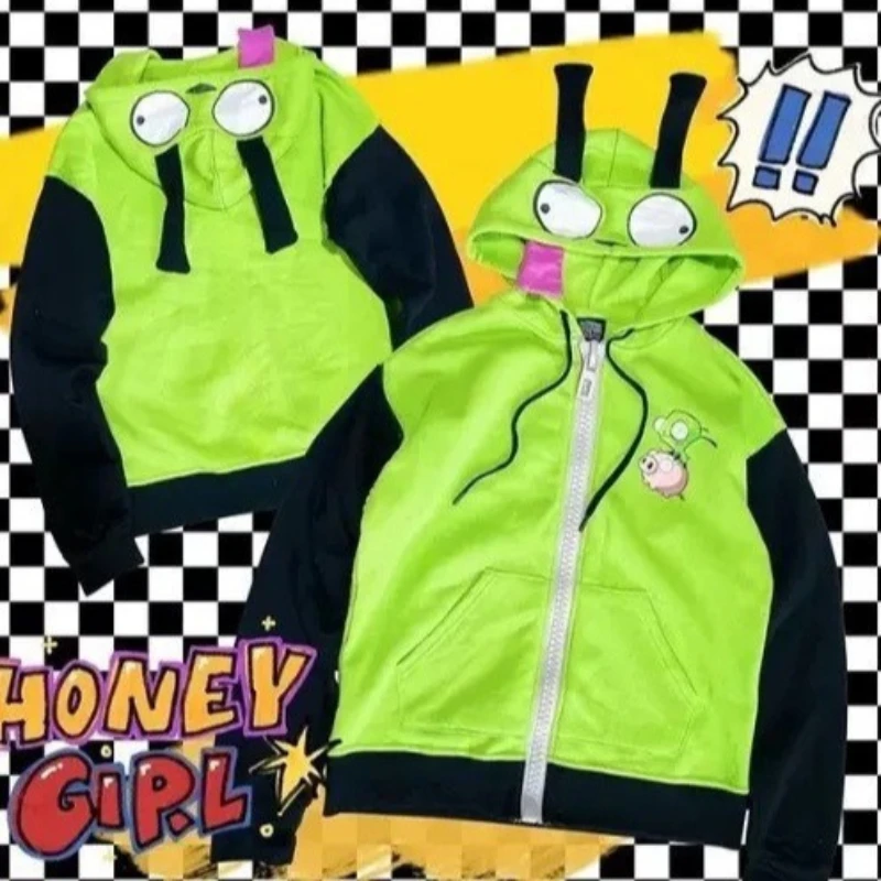

Anime Invader Cosplayt Alien Zim Costume Coa Hoodies Jacket Hooded Zip Up Pullovers Sweatshirts with Ears Halloween Suit S-5XL