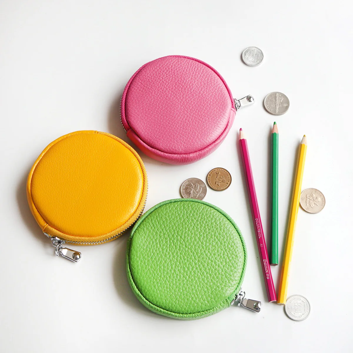 Monedero redondo con cremallera para mujer, monedero Circular de cuero genuino colorido, Mini bolsa de maquillaje de joyería para niñas, venta al por mayor