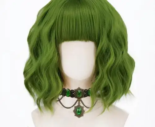 Short Bob Wavy Hairstyle Forest Dark Green Red Ombre Blonde Shoulder Length Wig For Women Halloween Cosplay Synthetic Fiber