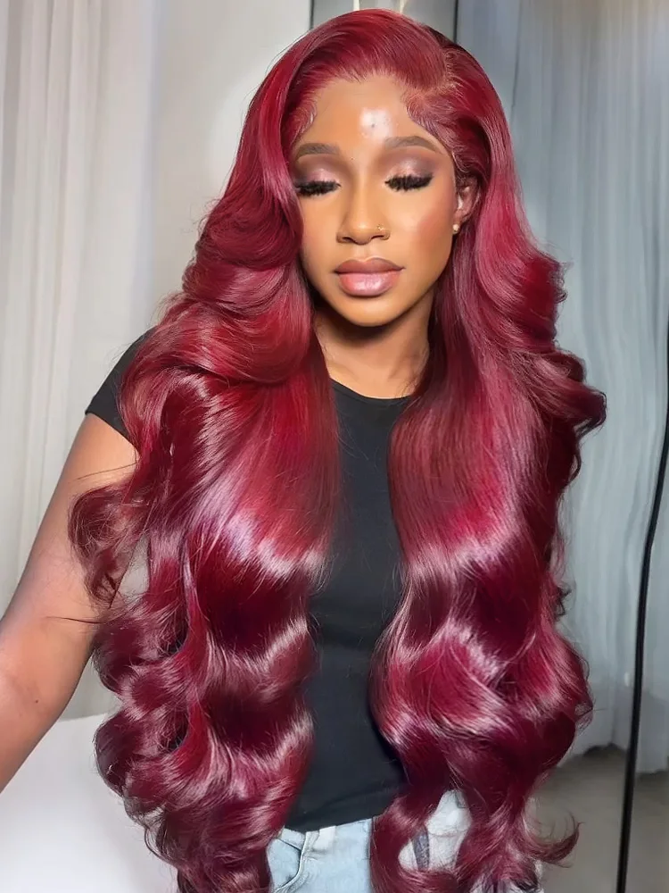 250 Density 99J Burgundy 13x6 Lace Frontal Wigs Body Wave 30 32 40 50 Inch 13x4 Lace Front Wig Human Hair Red Wine HD Water Wave