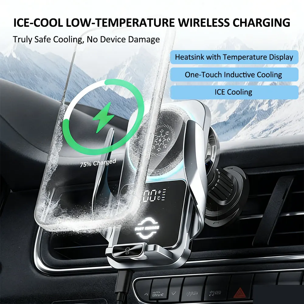 

Беспроводное зарядное устройство-держатель для автомобиля с охлаждением, быстрой зарядкой, дисплеем температуры, подсветкой для вентиляционного отверстия, умным управлением одной рукой