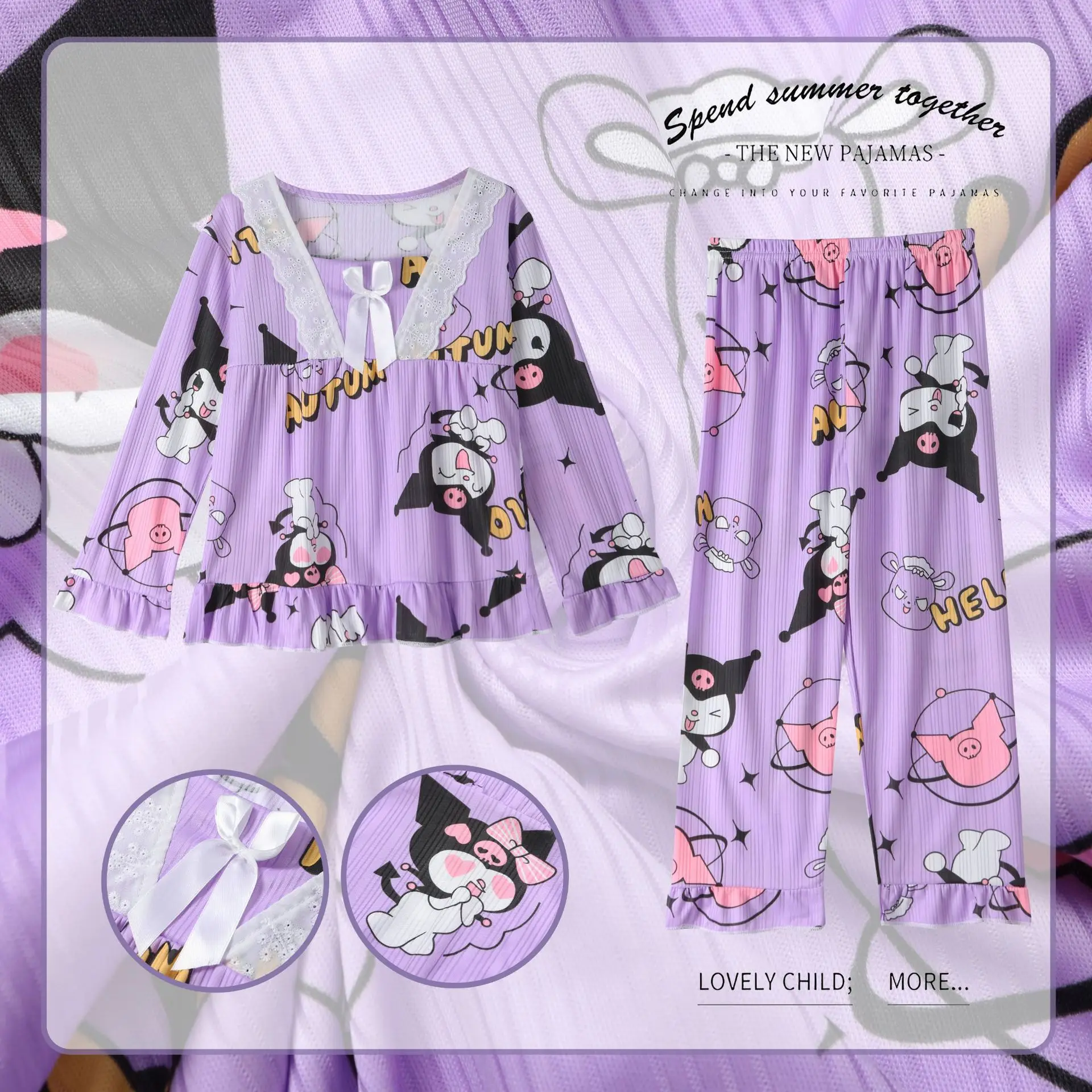 Lovely Sanrio Print Pajamas Cartoon Hello Kitty My Melody Kuromi Cinnamoroll Pochacco Kawaii Lace Bow Home Girl Clothes Set