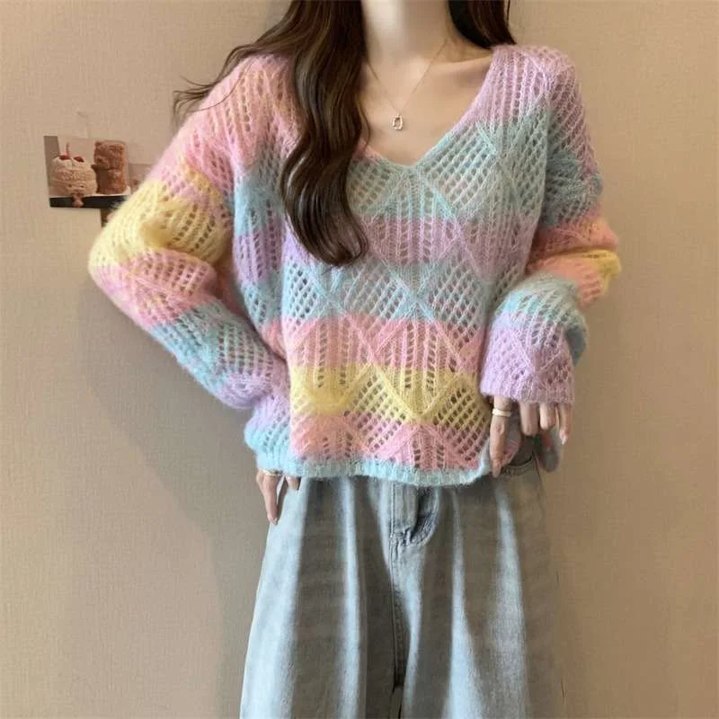 

Женский топ Dopamine Rainbow Gradient Hollow Knit с v-образным вырезом и длинными рукавами
