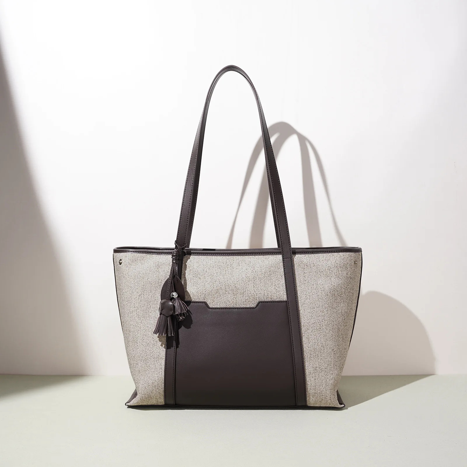 Canvas Splice Top-grain Cowhide Women Tote Bag Convertible Shoulder Underarm Bag Fits 14 Inch Laptop Daily Commuter Handbag