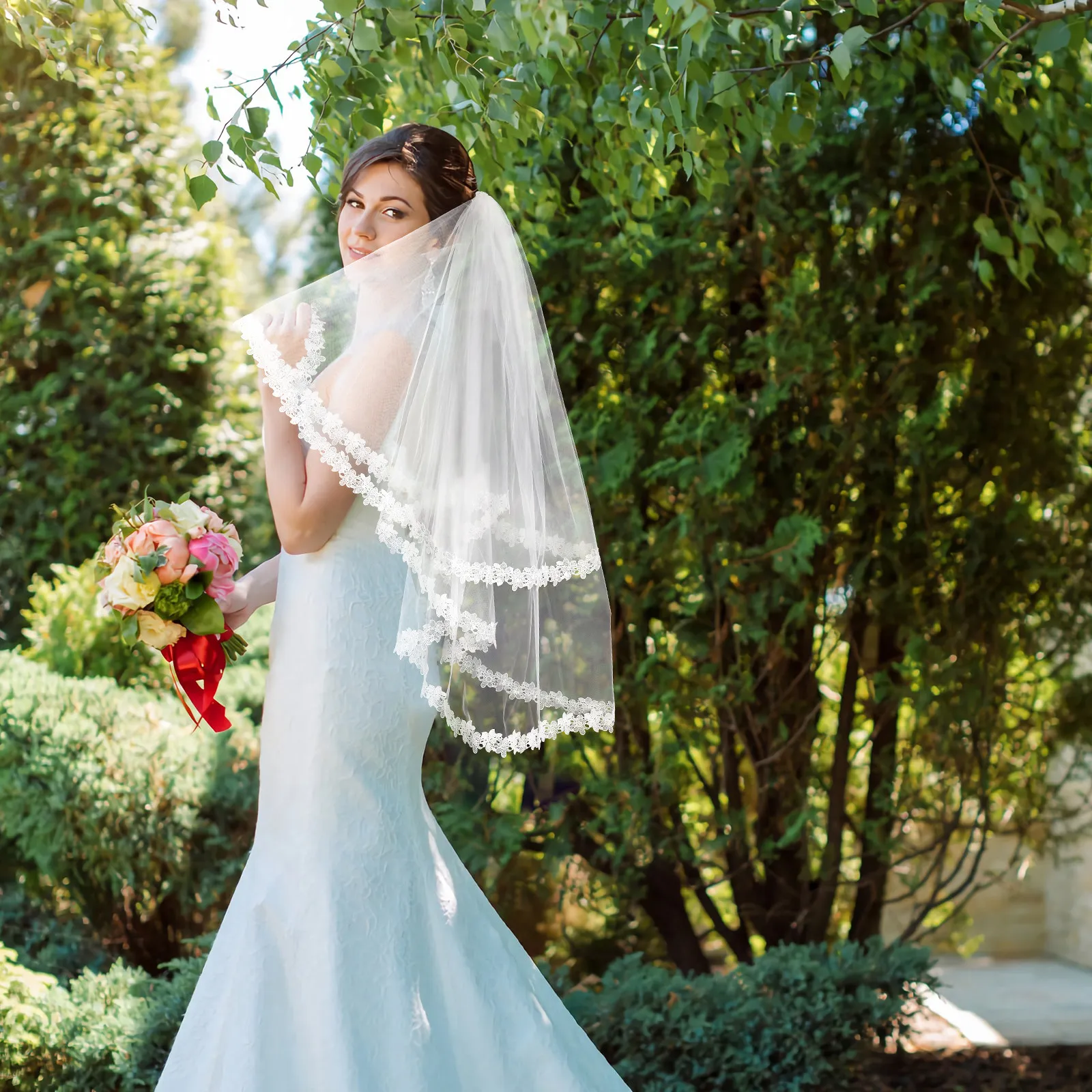 

Double Layer Bridal Veil Waist Length Premium Lightweight Tulle Wedding Veil with Lace Trim Hair Comb for Brides Romantic