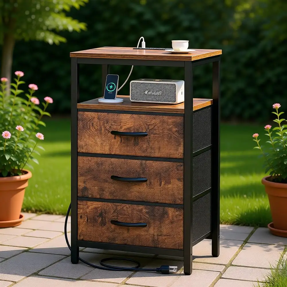 

Прикроватная тумбочка 27.6 в деревенском стиле, коричневая, с тканевыми ящиками и портами USB/розетками