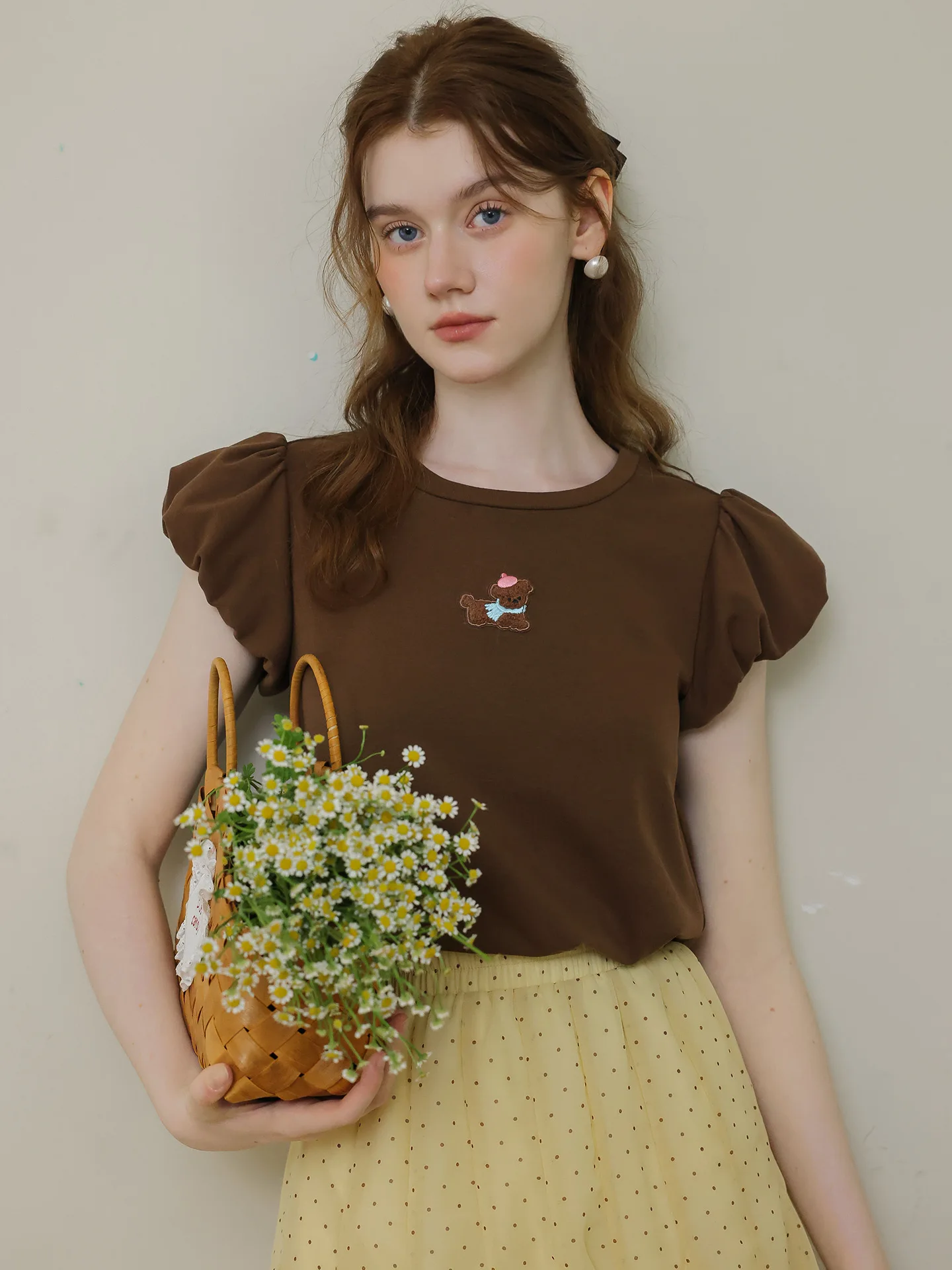 Retro Coffee Color Cartoon Dog round Neck Short Sleeve T-Shirt Women Summer Unique Cloud Bubble Sleeve Top Cotton Comfortable