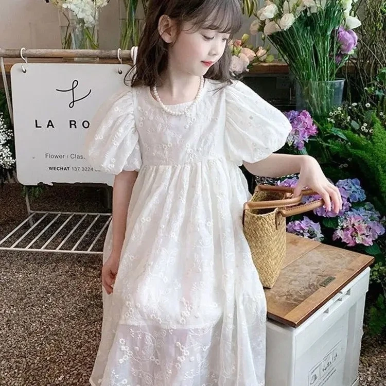 

Fashion Girl Kids Birthday Party Dresses Children Vestidos Clothes 2025 Baby Girls Summer Dress Puff Sleeves Embroidery