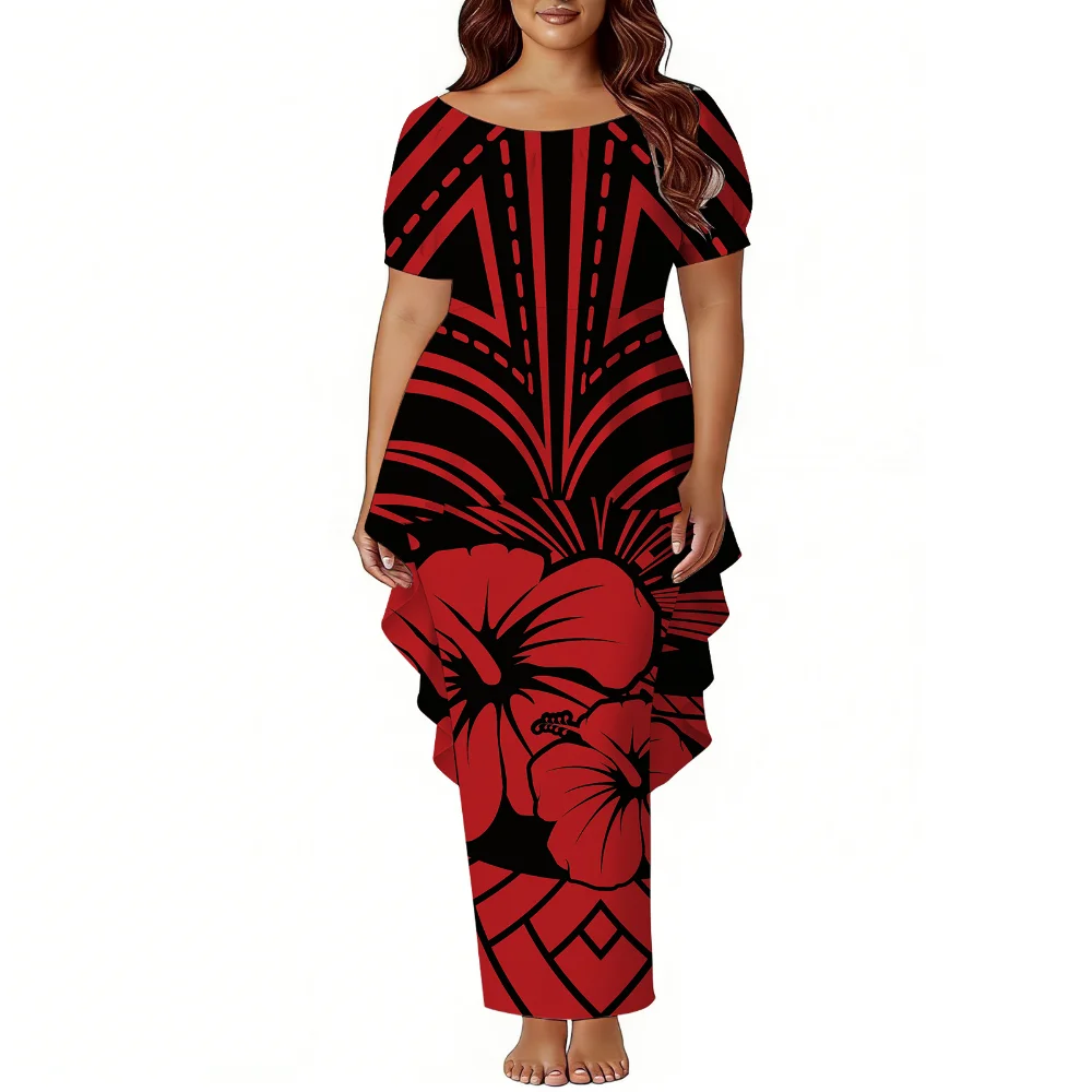 Polynesian Island-Style Women'S Short-Sleeved Puletasi Dress Set Elegant High-Waisted Top And Fitted Long Dress