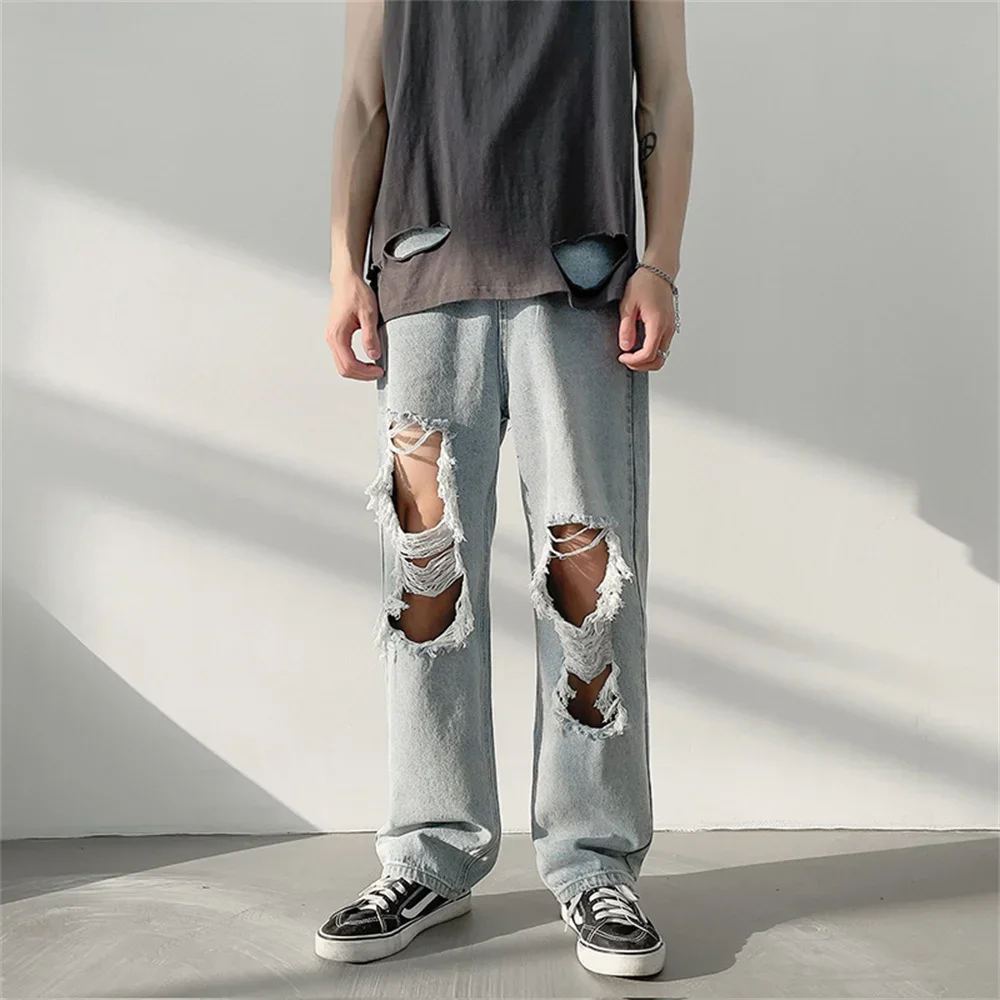 Ripped กางเกงยีนส์ผู้ชายกางเกง Casual Vintage Baggy เสื้อผ้าขาตรงกางเกงเกาหลีแฟชั่น Man Streetwear Pop Harajuku กางเกง