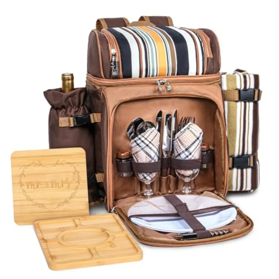 

Picnic Basket Backpack for 2 Person with Blanket and 2 Charcuterie Boards Woven Polyester, Beige Lightweight, Insulated, All-in