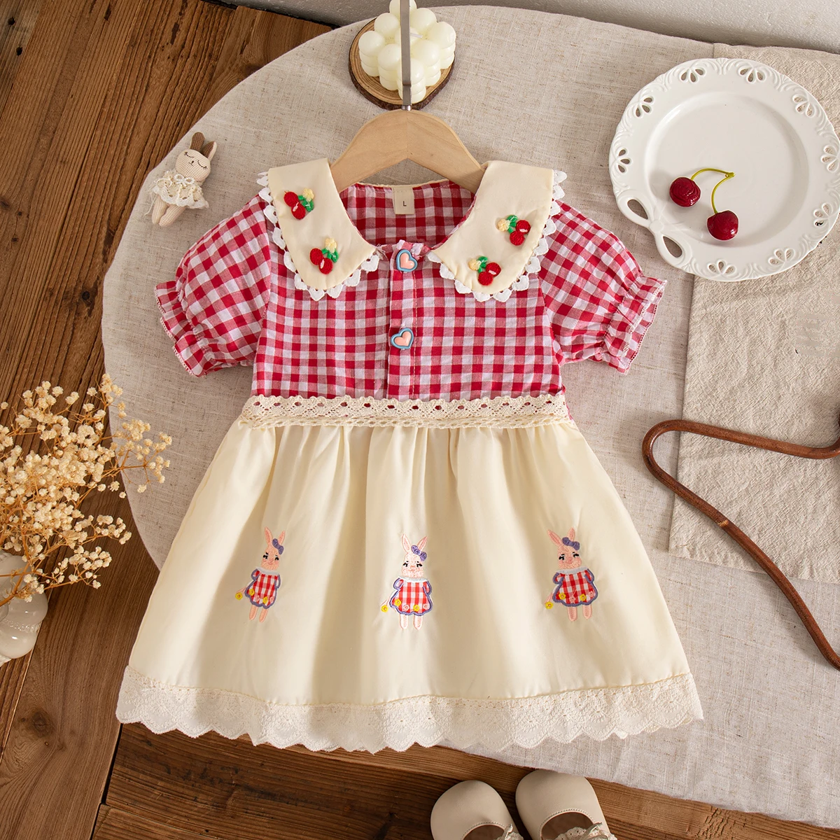 Baby-Mädchen-Kleid, Sommer, kariert, Cartoon, kurzärmelig, Mädchenkleid, niedliches Strand-Prinzessinnen-Babykleid, Baby-Mädchen-Kleidung ﻿ – Detail 3