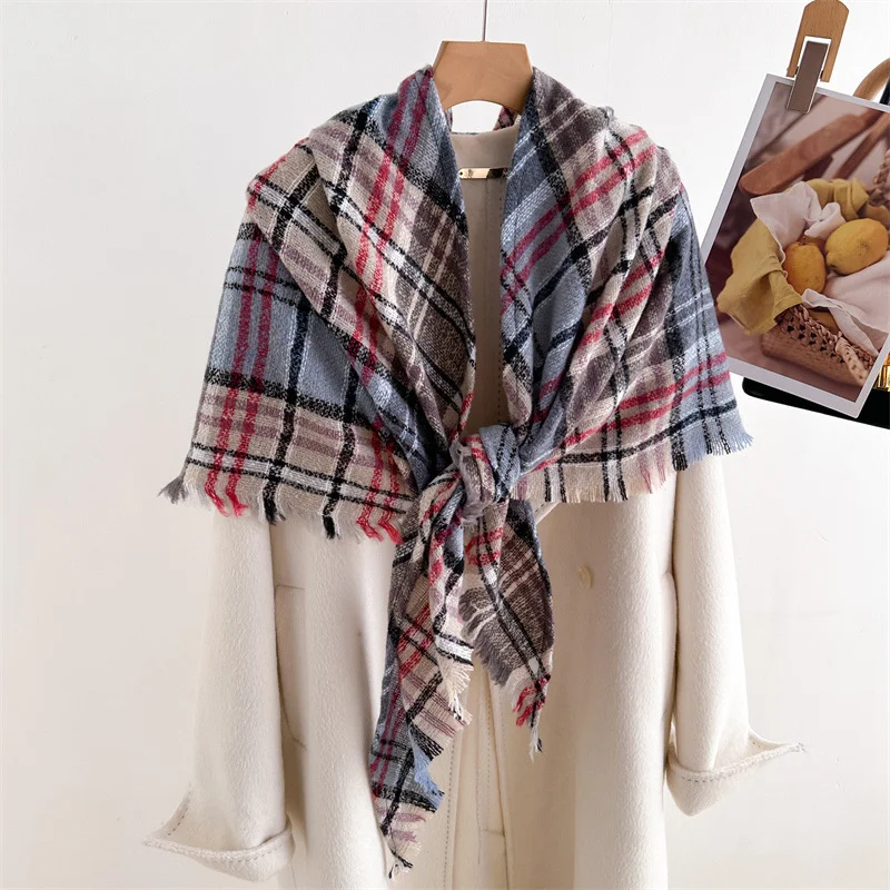 2024 New Fashion Color Block Classics Plaid Women Shawl Winter Warm Triangle Scarf Outdoor Scarves Wraps Stole