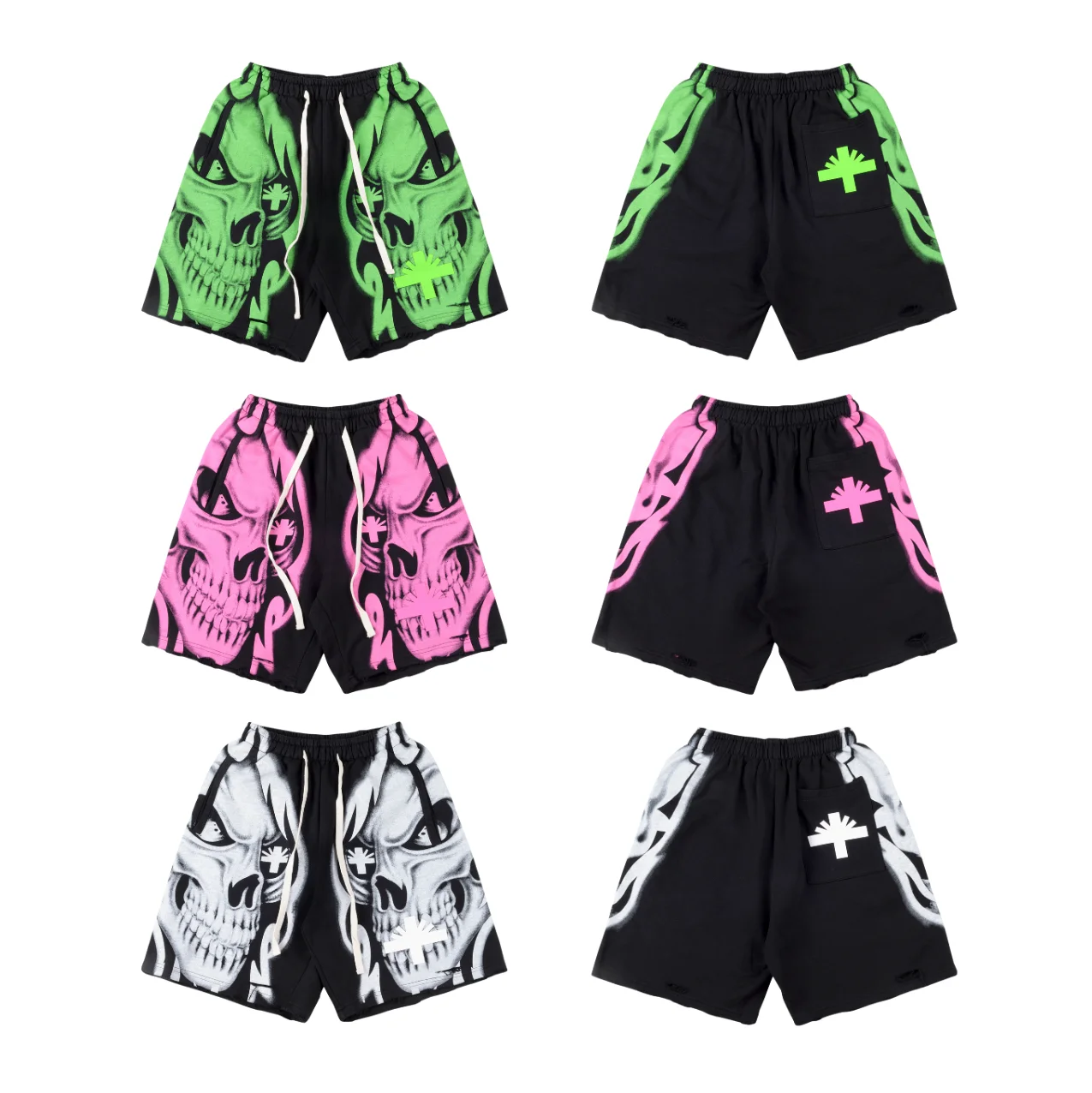 

Vertabrae Mens Clothing European and American trendy Hip-hop Three-dimensional Skull Print Ripped sporty Casual shorts