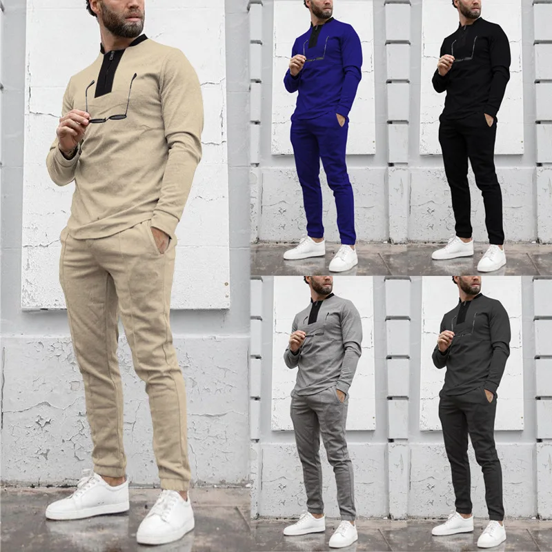 European American Men's Solid Color Slim Casual Trendy Simple 2 Piece Sets O-neck Pullover Sweatshirts Trousers Male Clothes