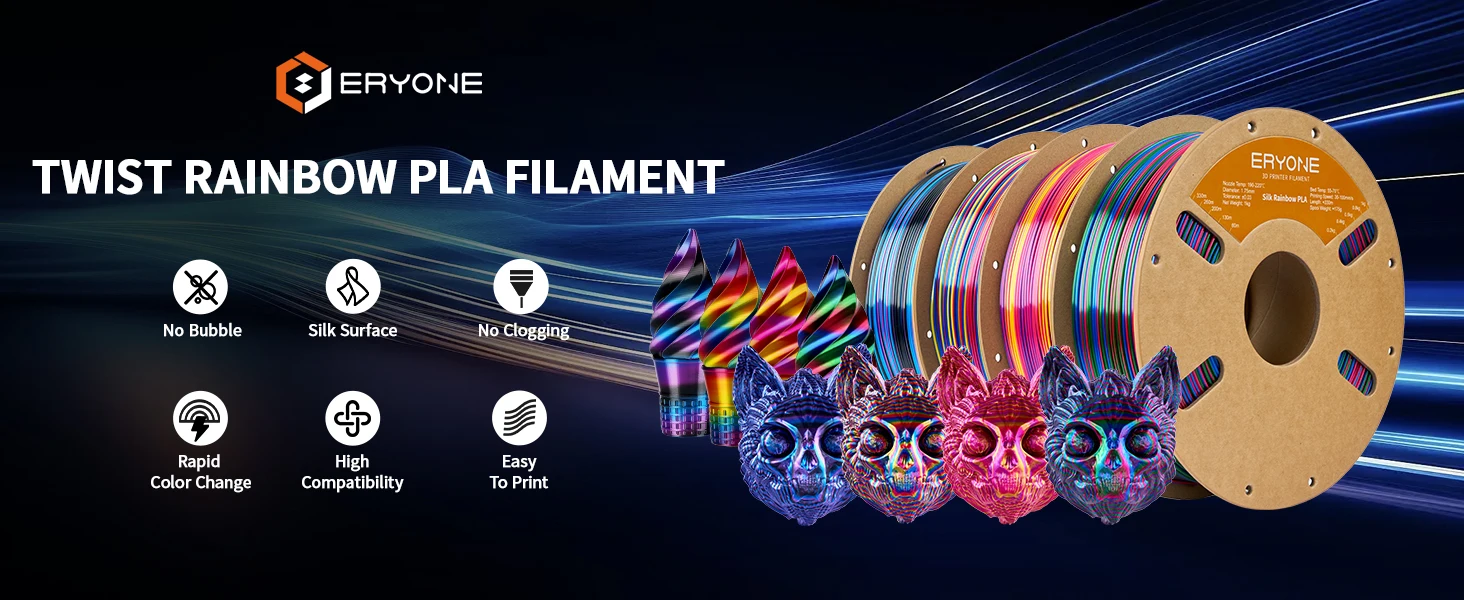 ERYONE 3KG PLA Silk Twist Rainbow Premium Shiny Filament 3D Print, Multicolor, PLA Silk Twist Rainbow Filament, 1KG/Spool