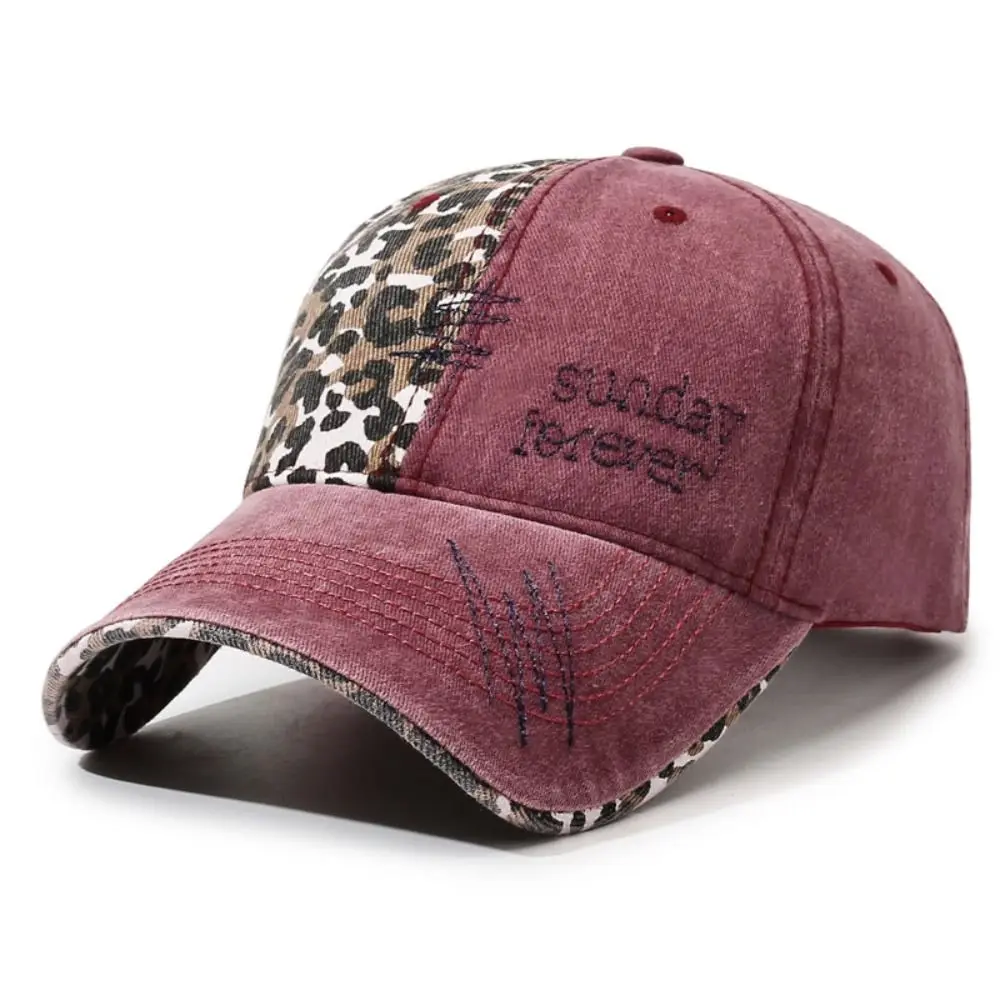 Sunday Foreve Embroidered Leopard Patchwork Baseball Cap Washed Cotton Hip Hop Peaked Cap Adjustable Distressed Streetwear Hats
