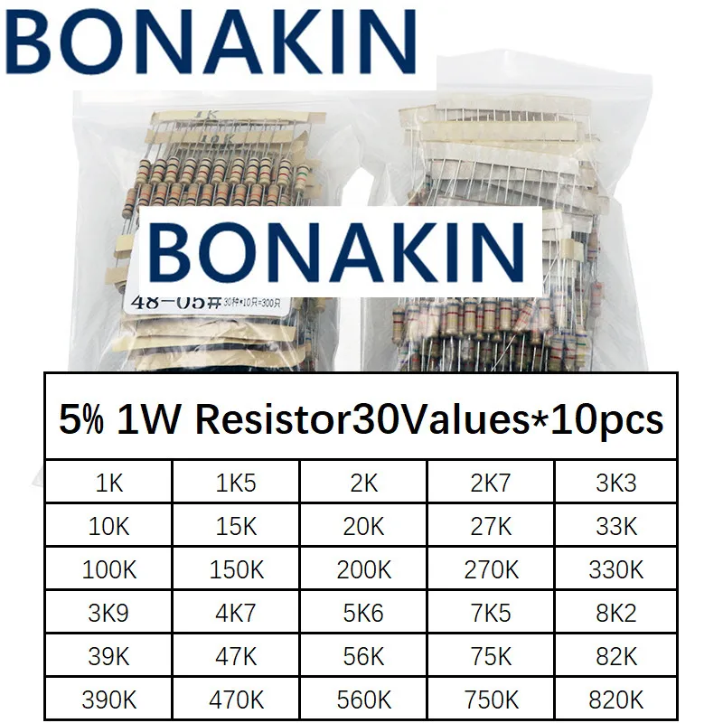 300pcs Resistor Kit 1W 5% 30values*10pcs 1K-820K ohm 1W Carbon Film kit