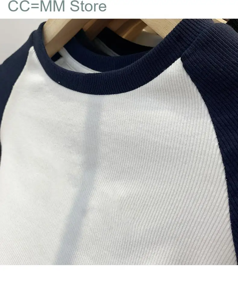 New Patchwork Cropped T Shirts for Fall Winter Korean Fashion Tops Office Ladies Slim Long Sleeve Tee Shirts