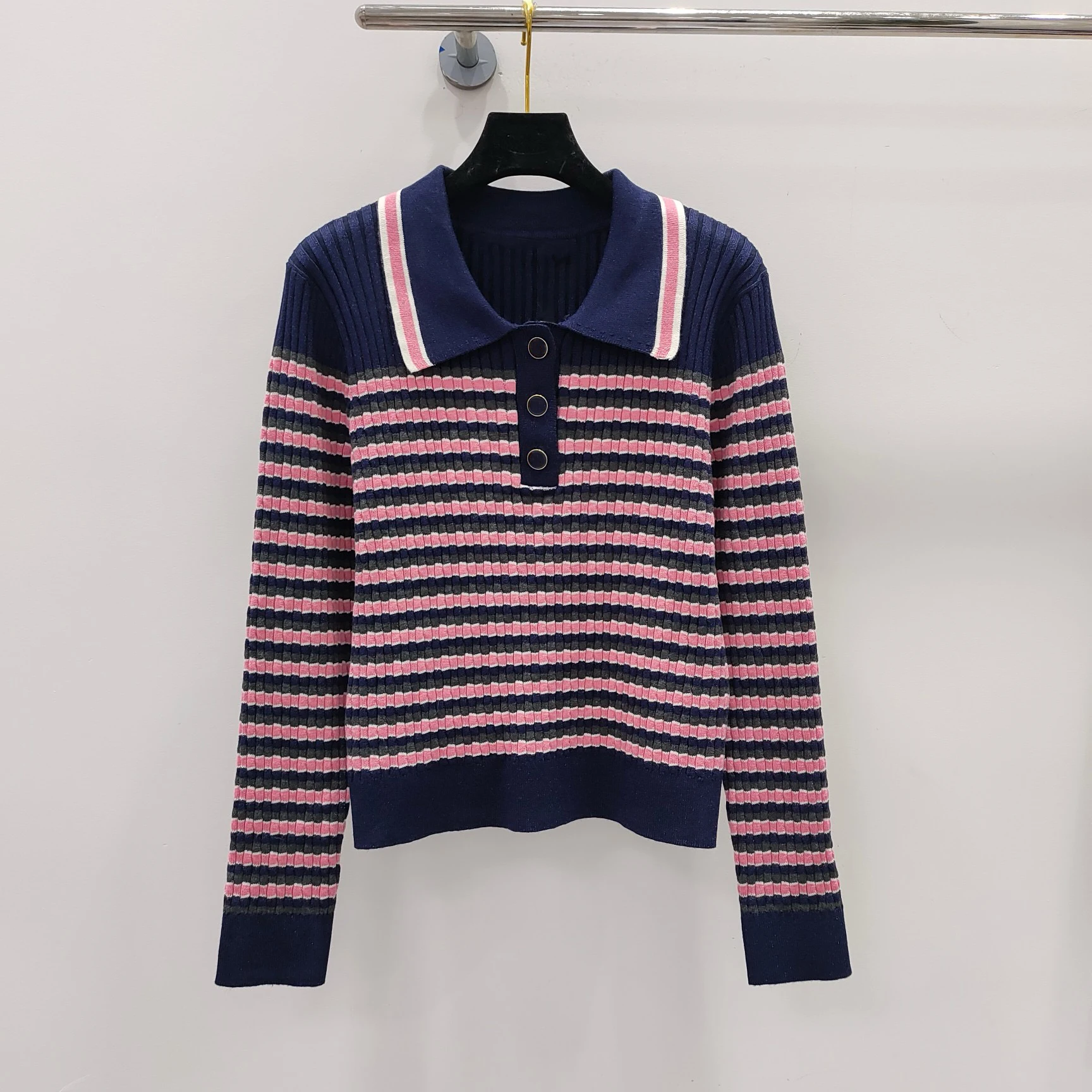 EVACANDIS Women New Casual Sweet Striped Knitted Pullover Tops Long Sleeve Turn-down Collar Vintage Chic Wool Blended Sweater