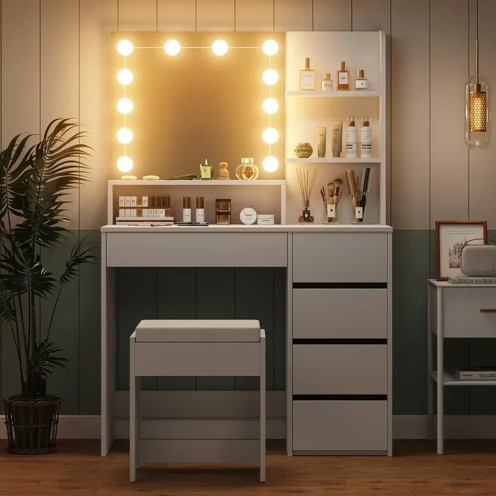 

A Furniouse 37" W Vanity Desk, Vanity Mirror with Lights and Table Set with 5 Drawers, Vanity Set 3 Lighting Modes Brightness