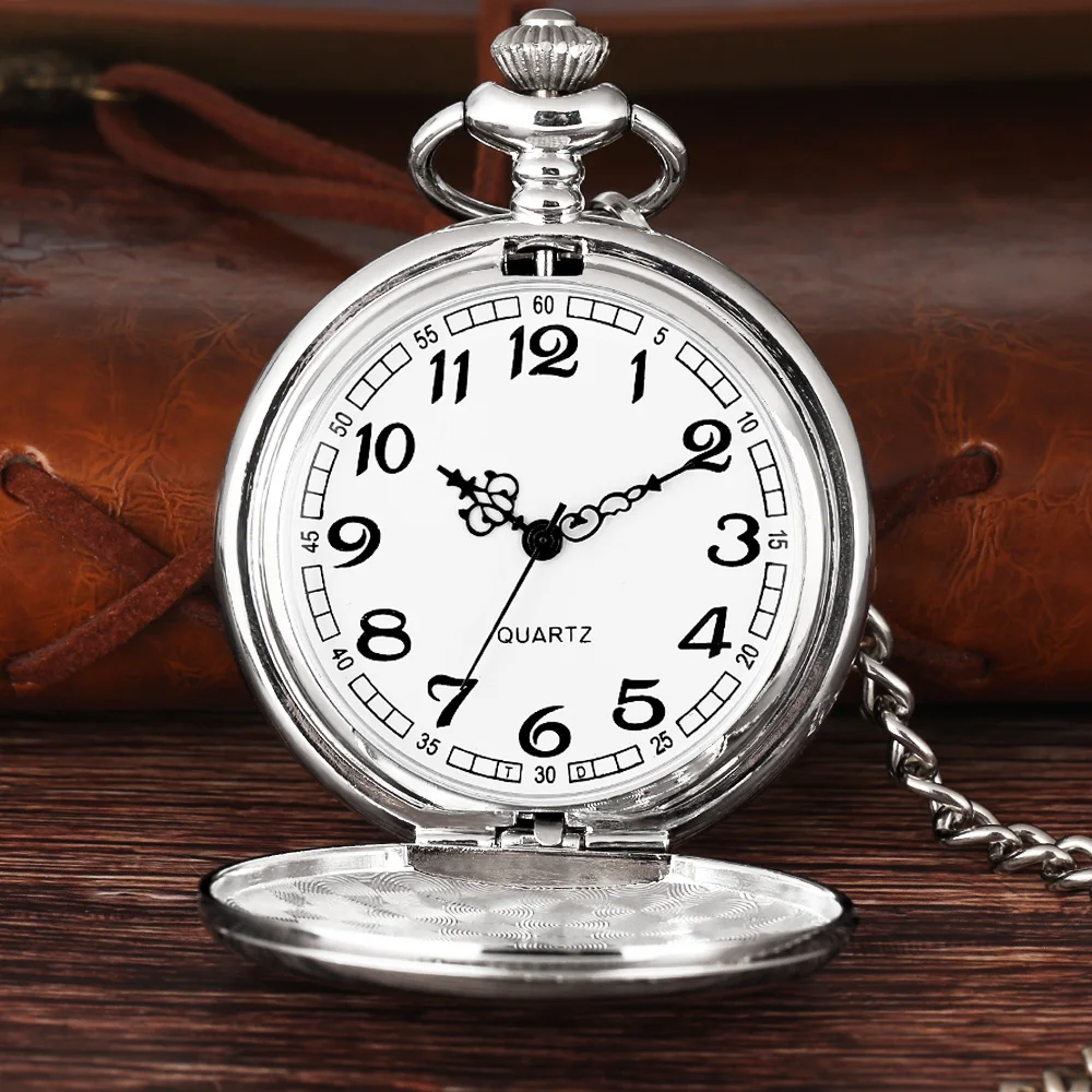 Polishing Silver Alloy Metal Quartz Analog Pocket Watch with Chain Arabic/Roman Numeral Dial Vintage Pendant Pocket Clock Gift