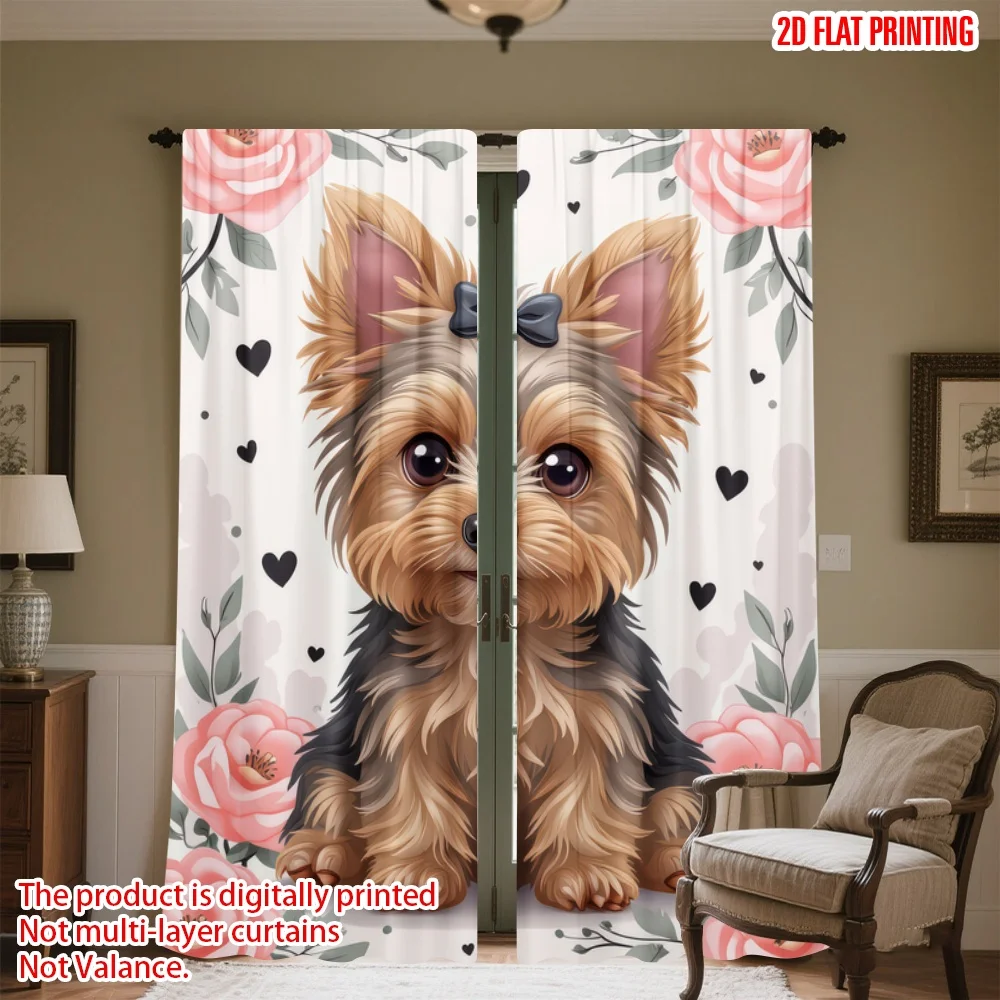 

2D flat printing 2pcs Party Curtain Floral Puppy and Hearts Digital Printed Polyester Drapes Festive Wall Decor for Indoor