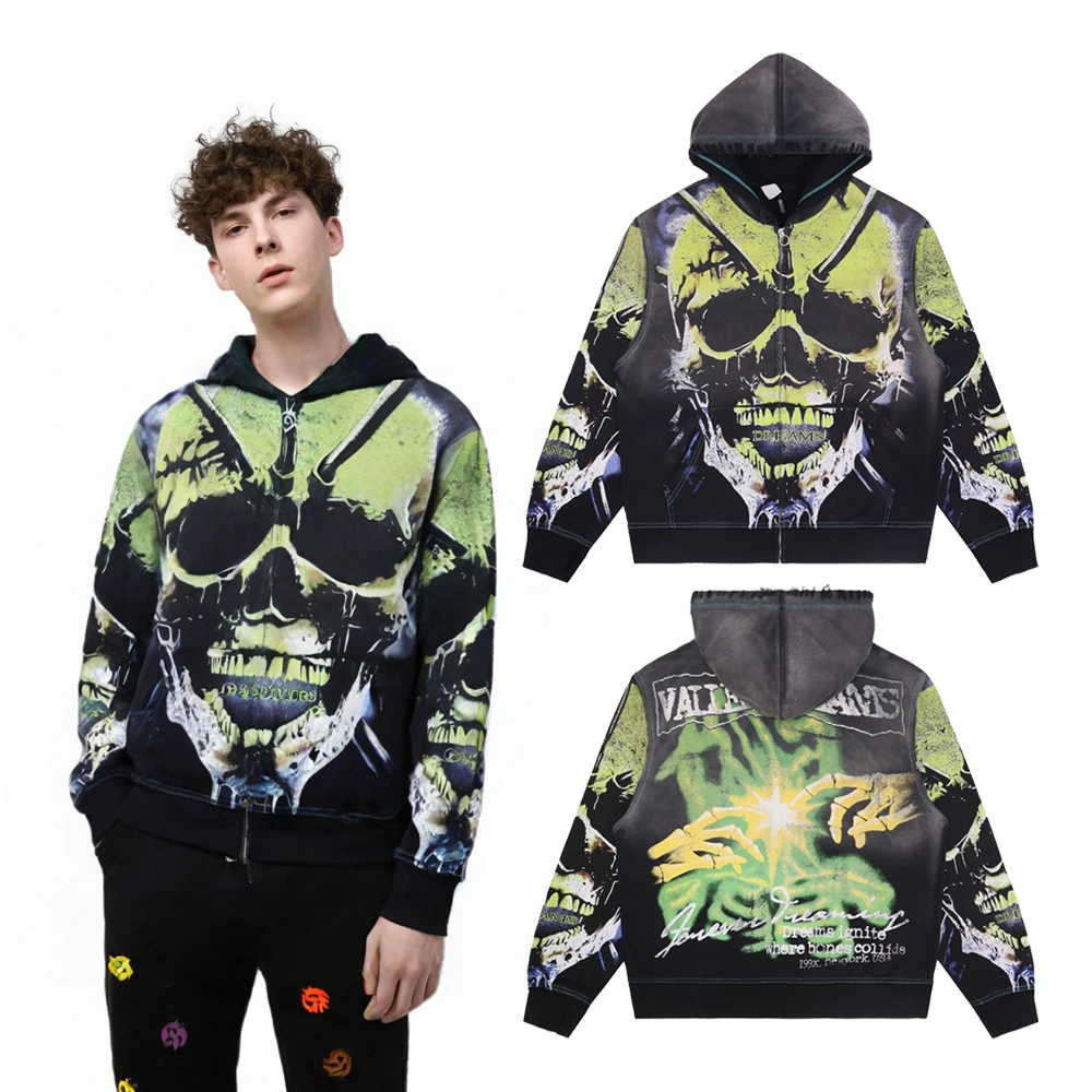 

Y2k Streetwear Clothing Zipper Skulls Graphic Hoodie Hiphop Street Style Vintage Retro Heavy Cotton Distressed Ripped Zip Hoodie