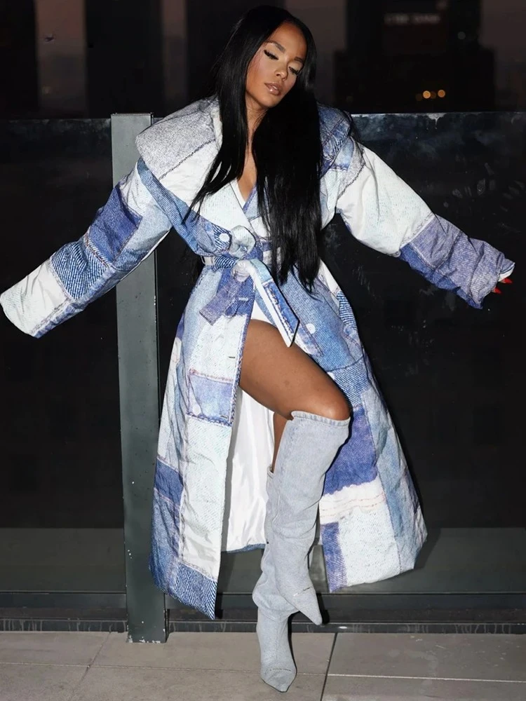 موضة الدنيم التصحيح المطبوعة كبيرة التلبيب الدانتيل متابعة سترة الشارع الشهير فضفاضة معطف سميك أنيق مبطن بالقطن X-معطف طويل المرأة