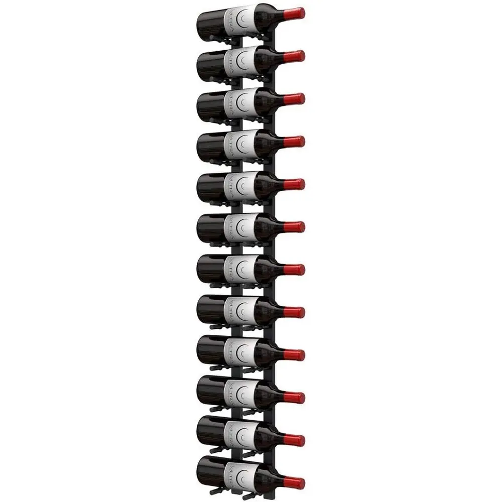 Estante de pared moderno de metal negro mate para almacenamiento de vino, 1.2 m x 0.3 m de profundidad, con soporte para etiquetas, capacidad para 12 botellas