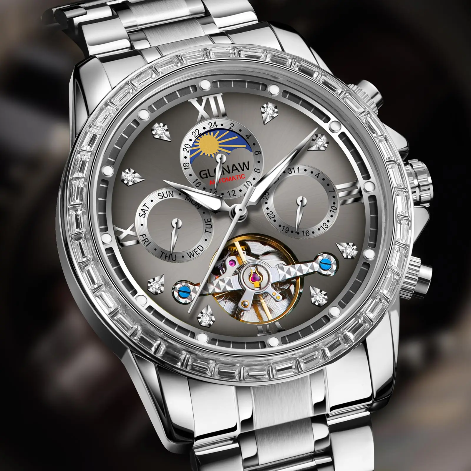 ساعة Glenaw من أفضل العلامات التجارية الأوتوماتيكية بالكامل متعددة الوظائف ميكانيكية للرجال، ساعة مقاومة للماء