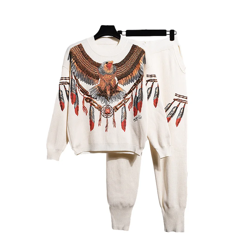 Black White Knitted Tracksuits Set Women Beading Cartoons Eagle Sweater Pencil Pants 2pc Loose Casual Two Piece Outfits Female