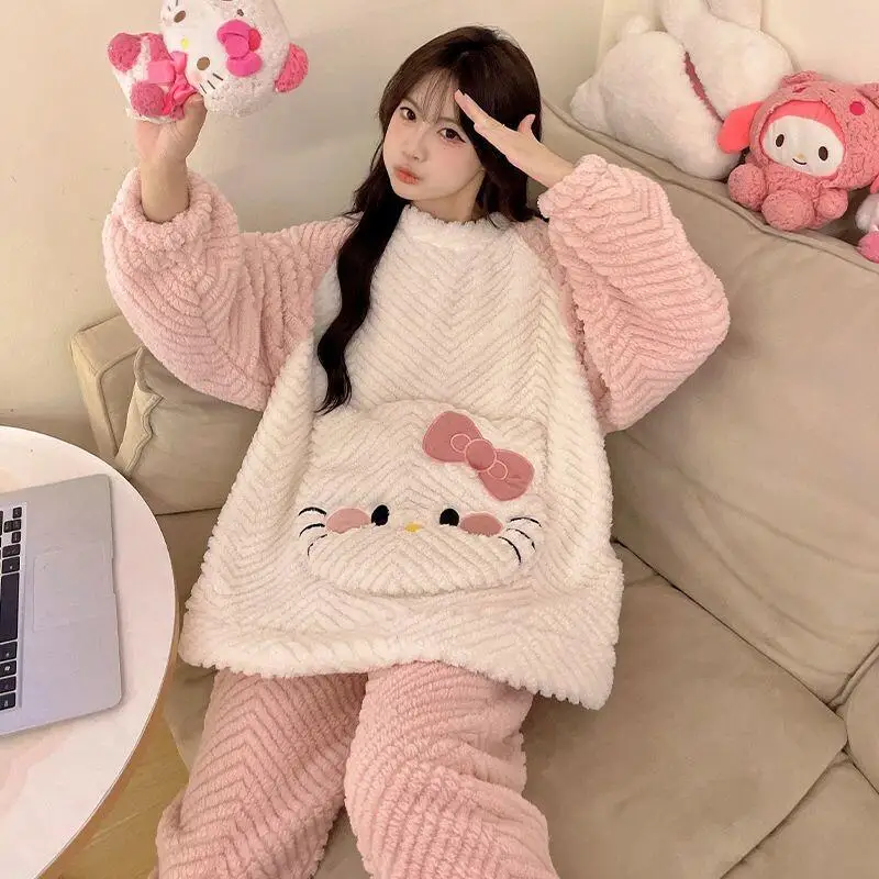 

Sanrio Hello Kitty Women's Flannel Coral Fleece Pajamas Set Autumn Winter Thickened Warm Student Home Loungewear Cute Sleepwear