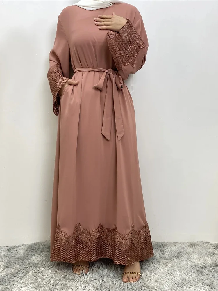 

Elegant Lace Sleeve Muslim Dress for Women Eid Abaya Ramadan Morocco Arab Dubai Abayas Kaftan Pockets Long Robe Vestidos Belt