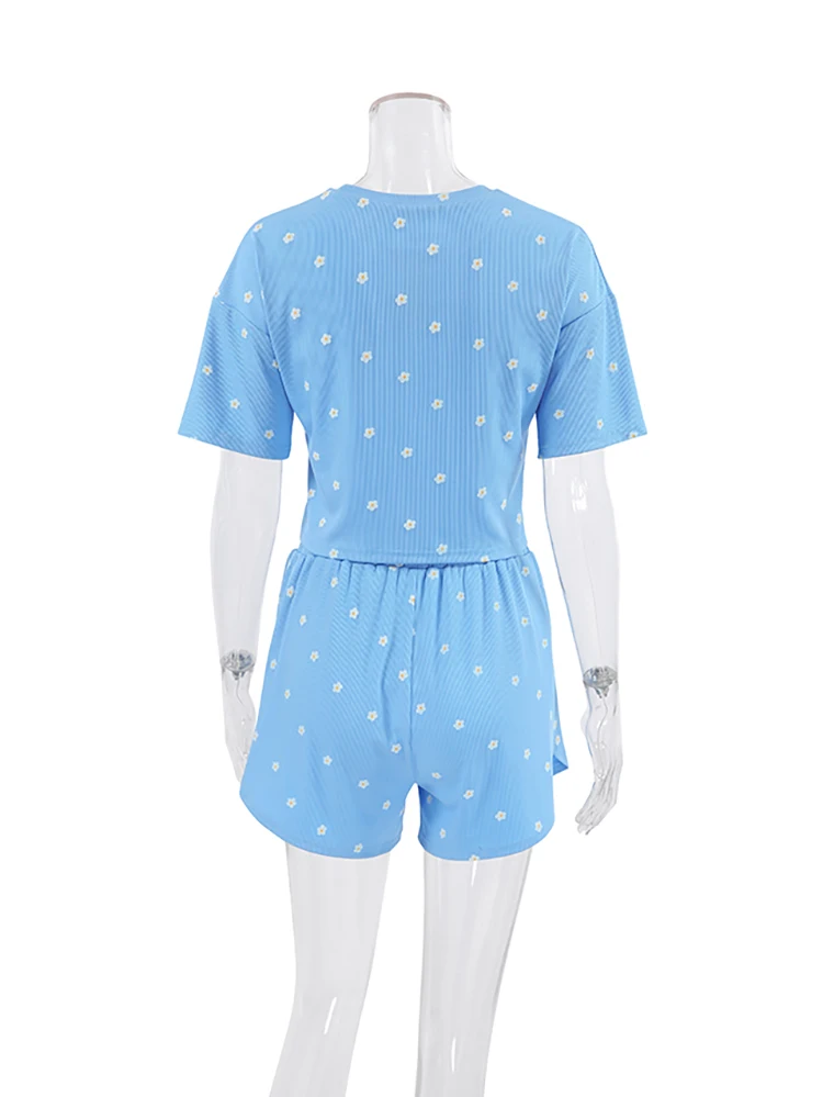 Hiloc Printing Ribbed Knitted Shorts Pajamas Sets Short Tees And Wide Legs Shorts Summer 2024 Casual Nightgown Two Pieces Suits