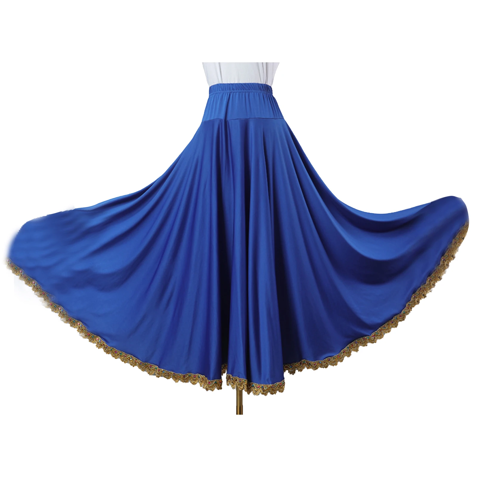 Jupe de danse de salon pour femmes, jupe de danse de valse Flamenco, garniture dorée, grande balançoire, jupe longue espagnole pour Costumes de danse ethnique carrée