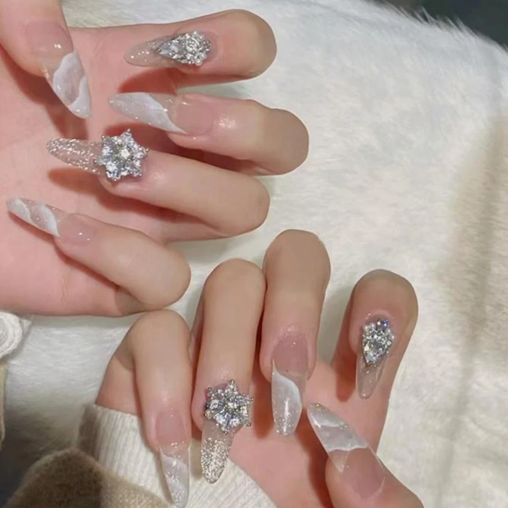 10Pcs Pointed Bottom Snowflakes Zircon Crystal Rhinestones Nail Charm Luxury Nail Jewelry Decoration 8-12mm Sparkle Diamond Gems