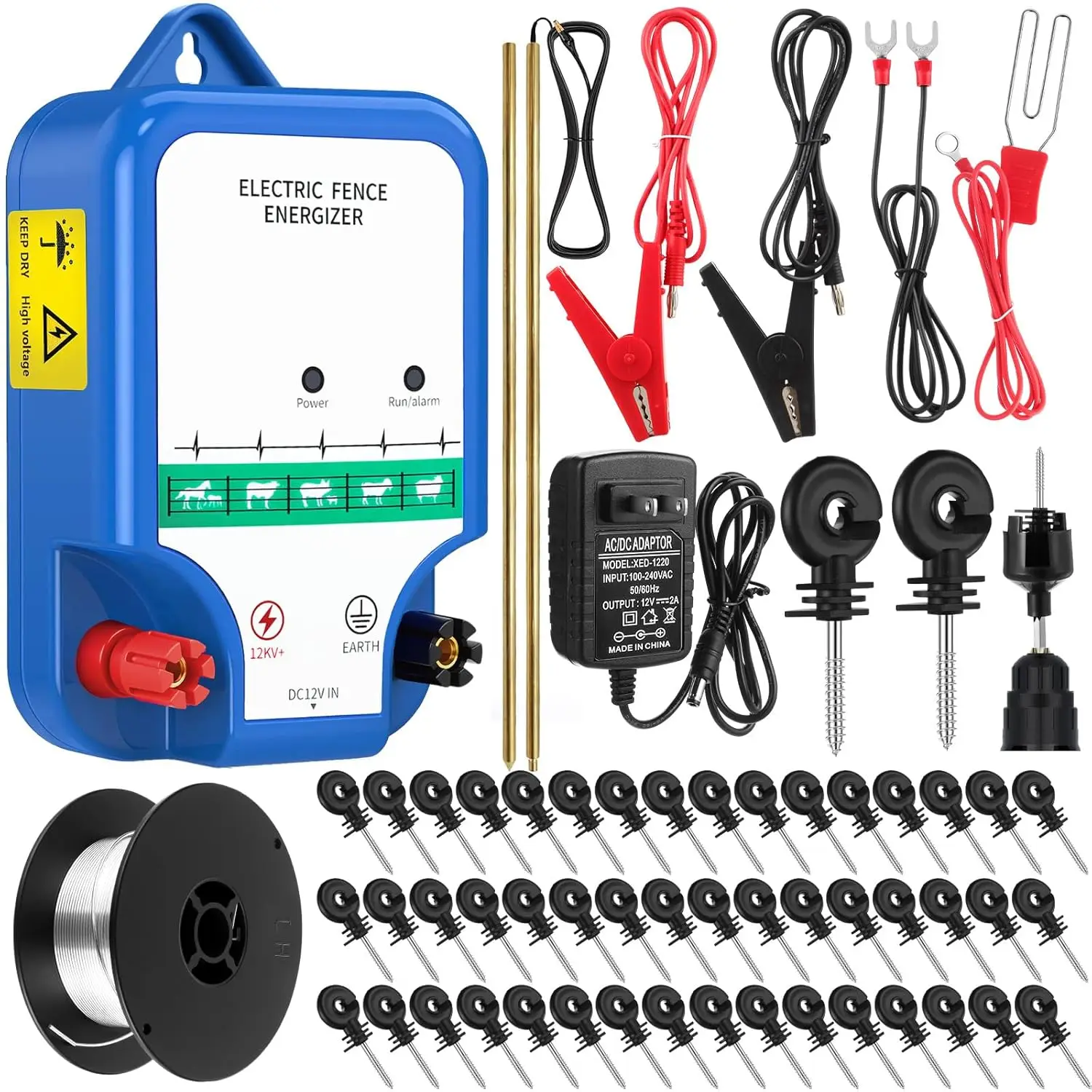 Electric Fence Kit for Livestock Control, Aluminum Wire, AC/DC Powered, 12kV 2J, Classic Ver., Blue