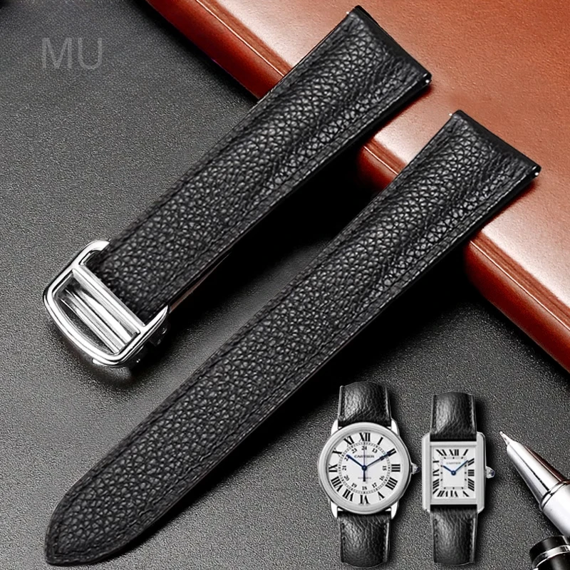 Unisex Double Tail Watch Accessory Embossed Leather Band Black Classic Folding Buckle for Cartier Tank Quick Disassembly Design