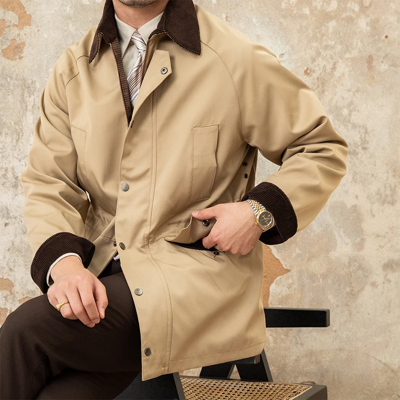 Mr. Deer Three Vintage Khaki Waterproof Coat Coat Autumn and Winter Casual Men's Corduroy Lapel Gentry Jacket Trendy