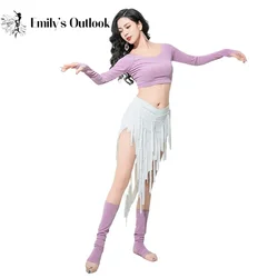 Bellydance Triangle Hip Scarf Tassel Fringe Skirt Women Long Sleeve Finger Thumb Hole Top Leg Warmmer Oriental Dancer Costume