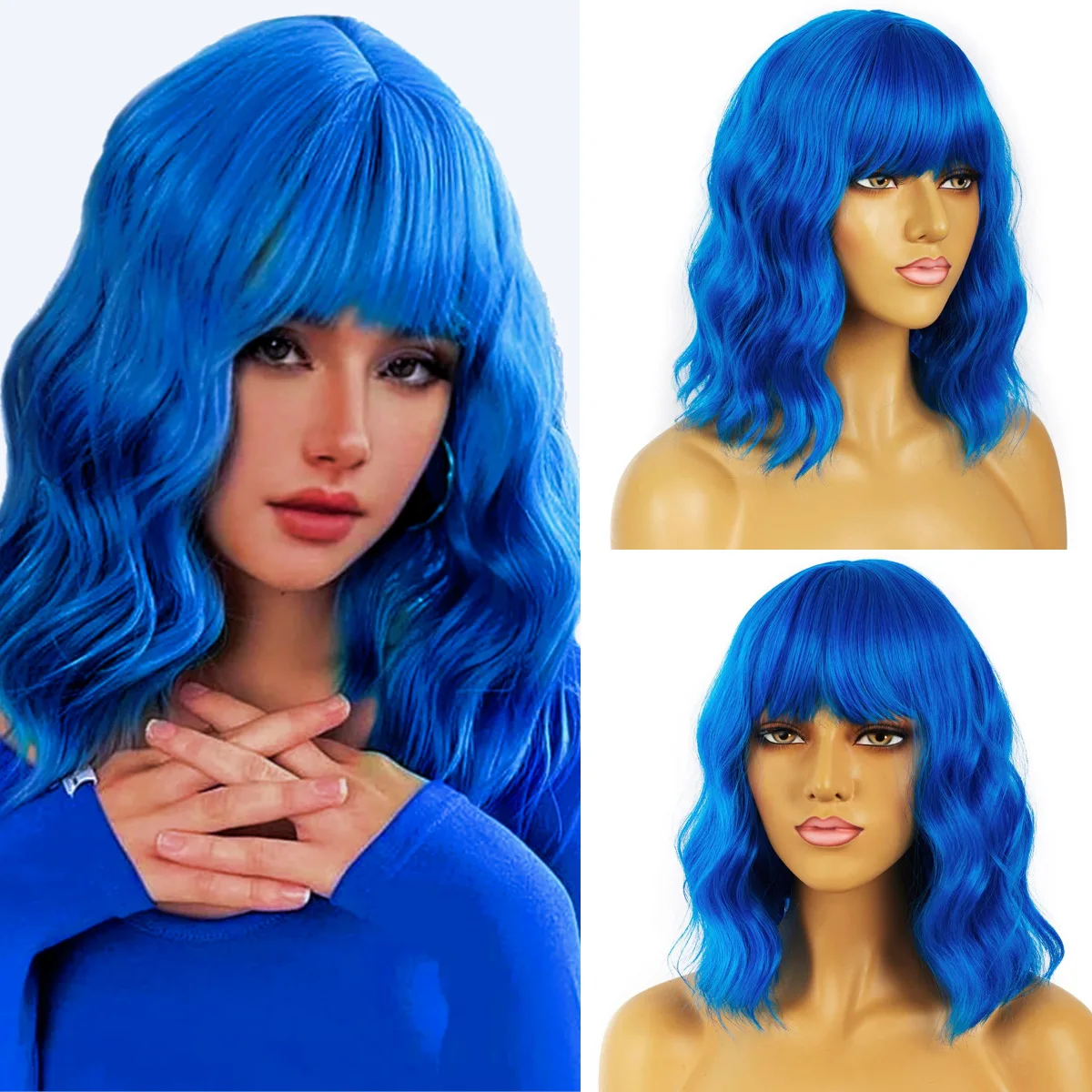 

Synthetic Short Water Wave Wig for Women Full Head Fluorescent Curly Hair Costume Party Halloween Cosplay Daily Use Fashion