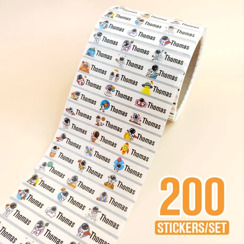 200 Uds. Etiquetas adhesivas transparentes personalizadas con nombre de astronauta etiquetas impermeables etiqueta de nombre personalizada hebrea para niños papelería