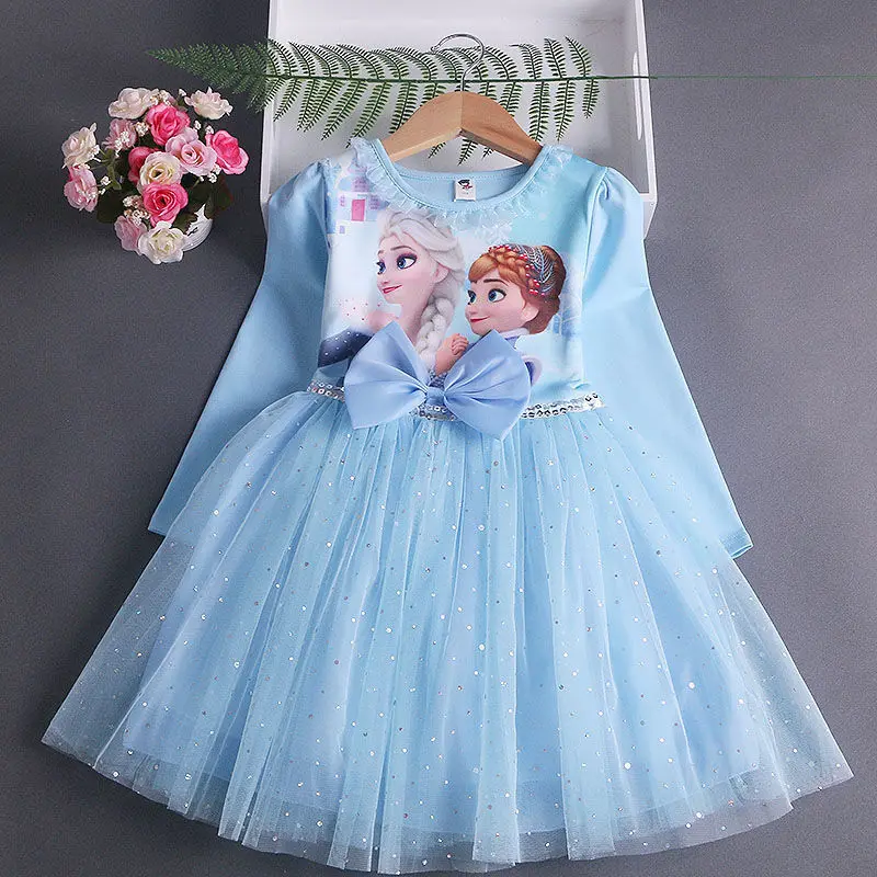 2024 nuevo vestido de princesa vestido de niñas de manga larga para ropa de fiesta para niños vestido de Frozen de Elsa vestido para niños de