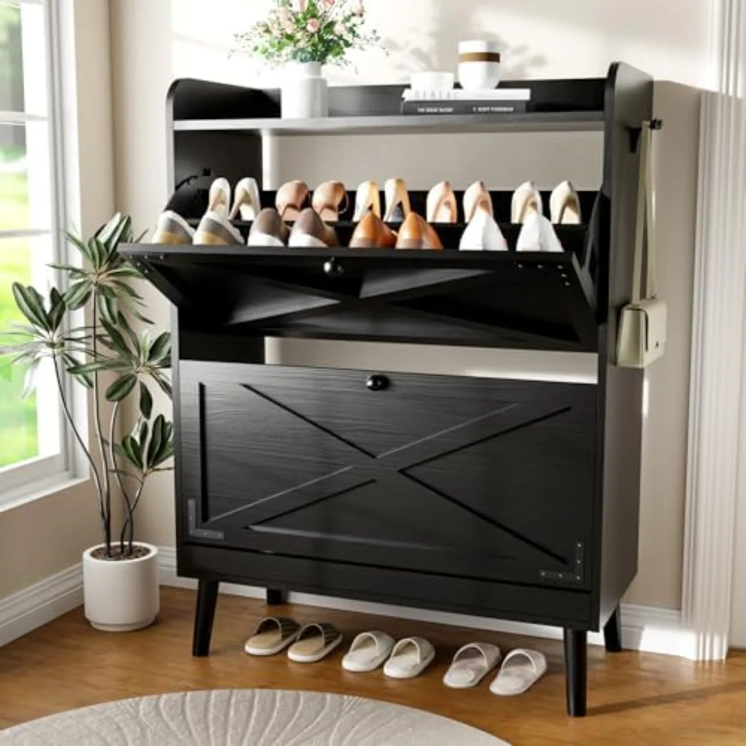 Shoe Storage Cabinet with 2 Flip Drawers | Entryway Shoe Cabinet, Metal Hooks & Adjustable Shelves, Freestanding Narrow