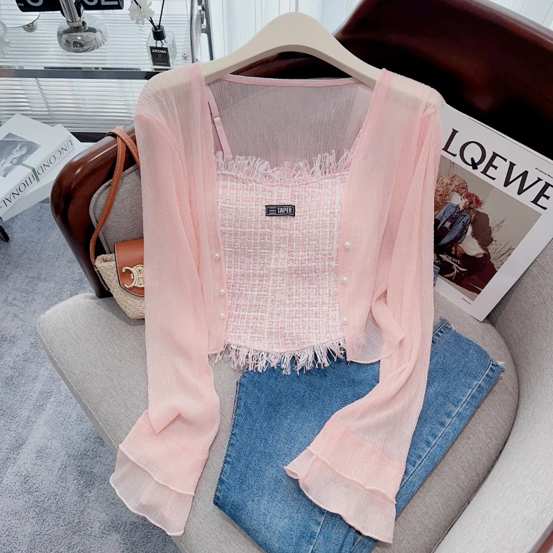 Thin Sunscreen Clothes Sling 2-Piece Set Women's Summer New Tulle Short Small Shawl Cardigan+Halter Tops French Sweet Suit