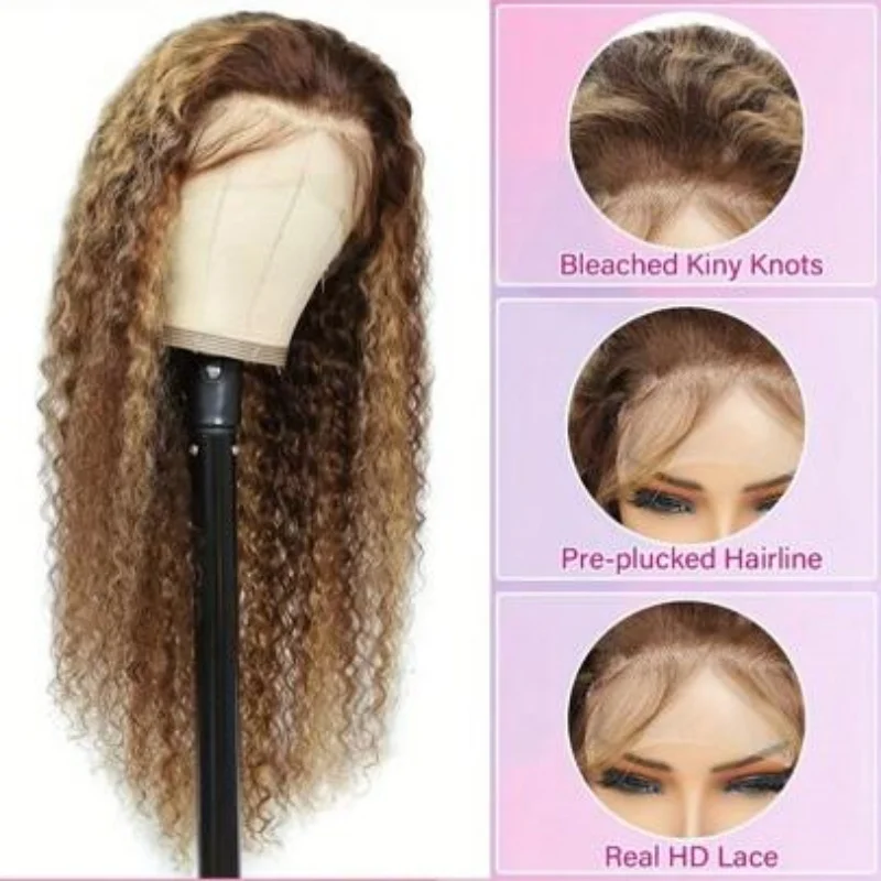 16インチ P4/27 カールウェーブ ハイライトボブ 人毛ウィッグ 5x5 ハニーブラウン カールヘア ウェーブ グルーレスウィッグ 女性用