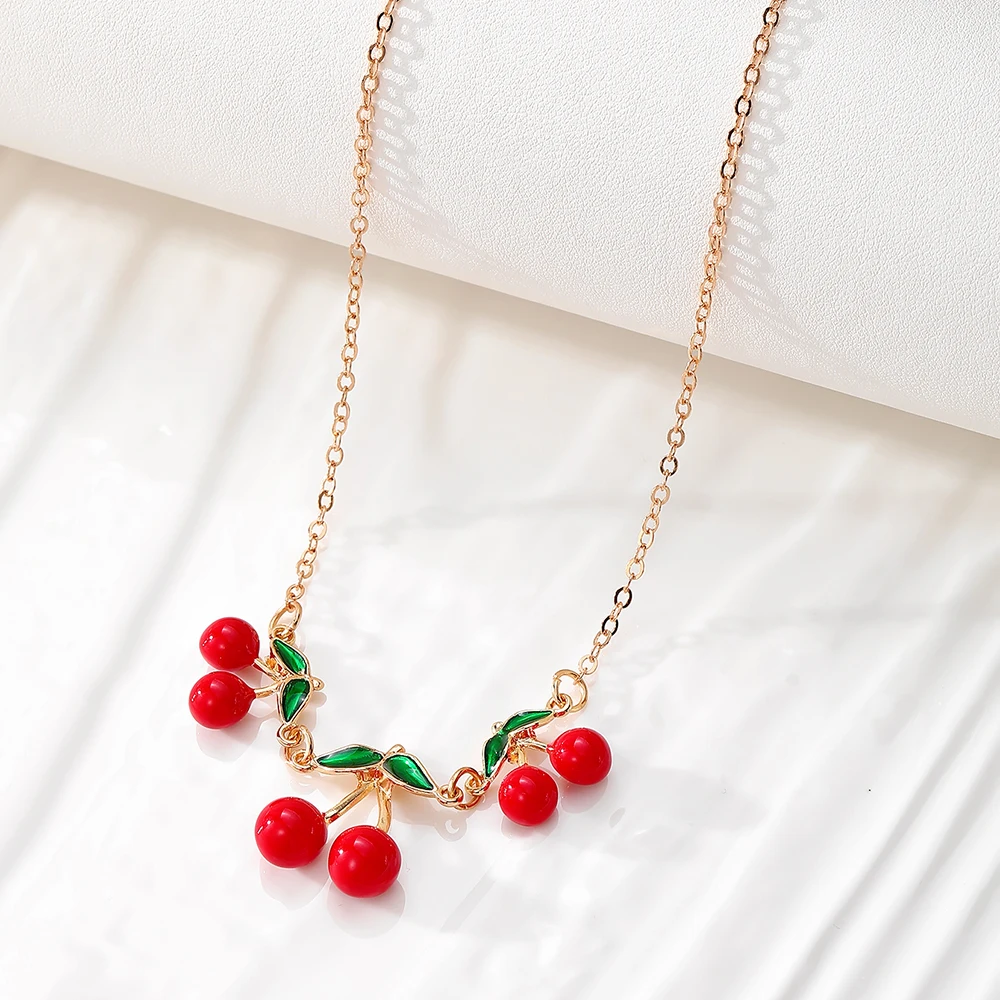 2-Piece Set of Bracelets and Necklaces Kpop Japanese and Korean Style Jewelry Set Summer Cute Cherry Pendant Necklace Elegant and Light Colorfulful Fruit Drape Earrings Daily Wear Party Gifts