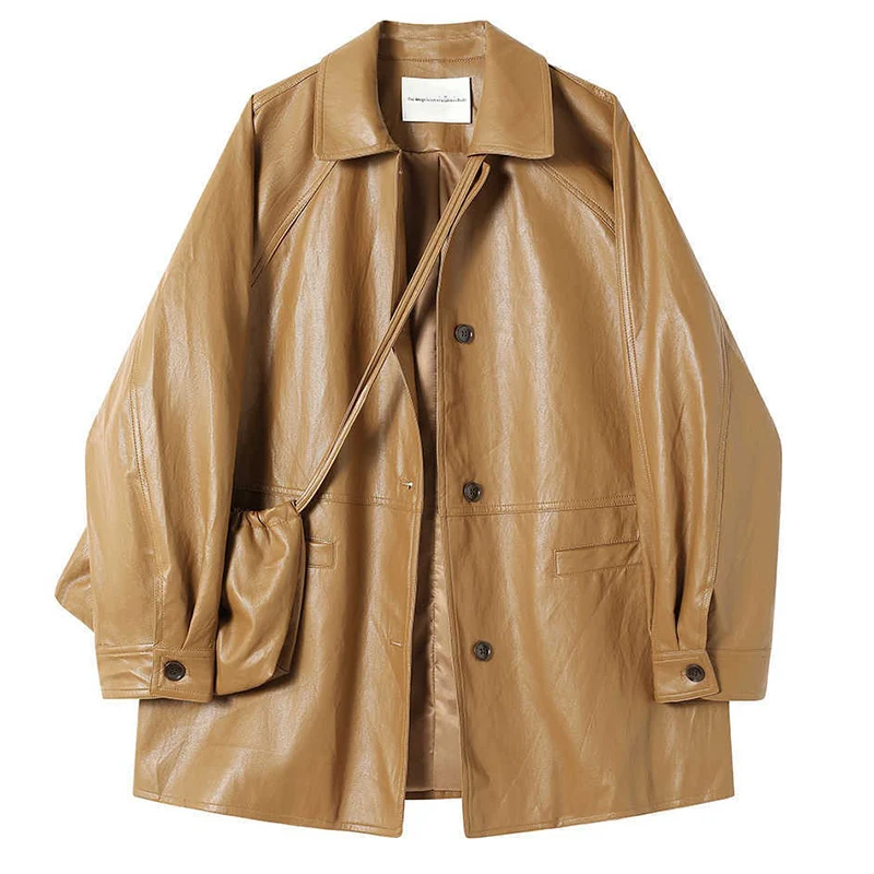 

Retro Faux Leather Blazer Coat for Women 2025 Spring Autumn Single Breasted Lapel Collar Mid-Length Loose Leather Jacket