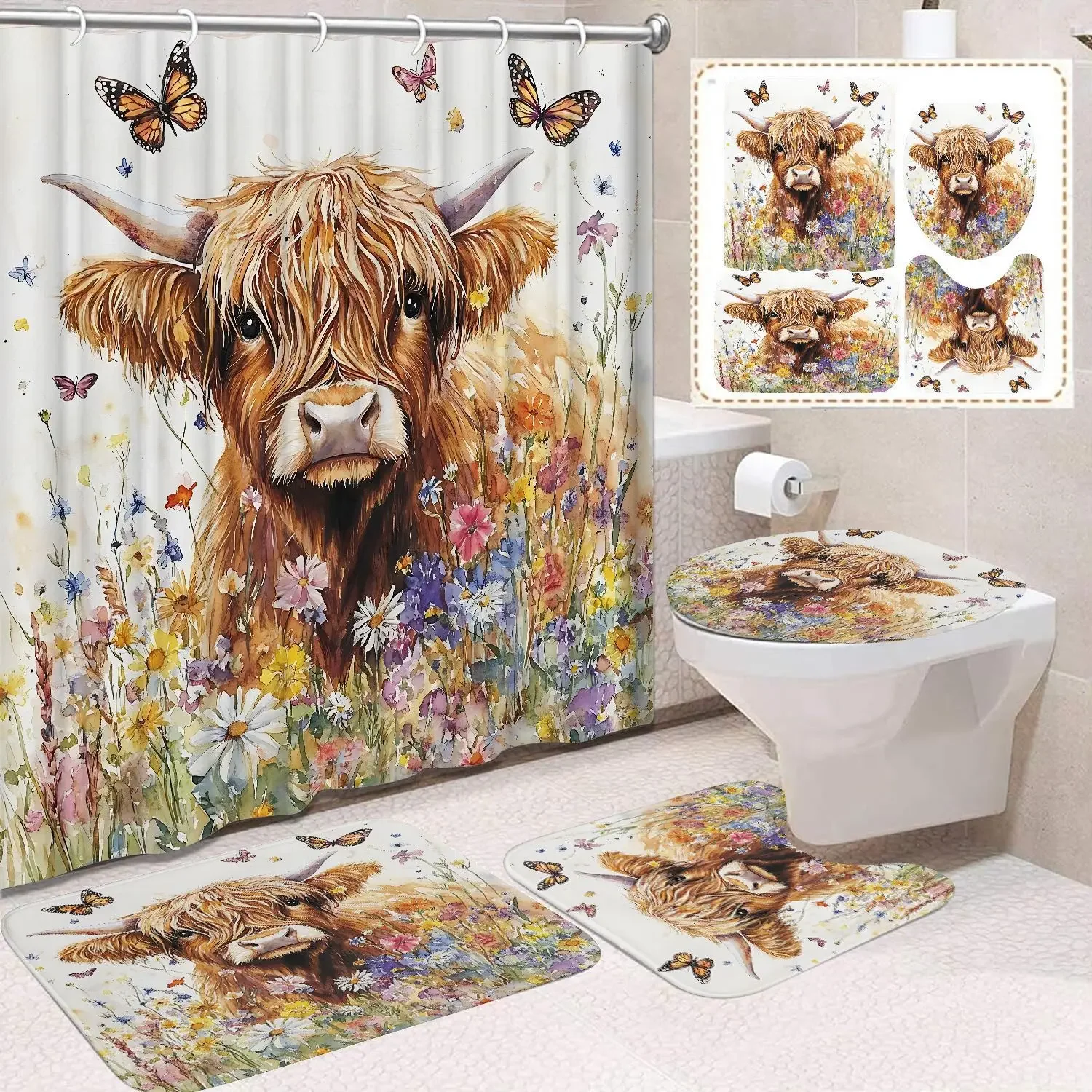 

Милая занавеска для душа с принтом хайлендского крупного рогатого скота, водонепроницаемая прочная полиэстеровая занавеска для ванной для дома, Новый год, Рождество, декор для ванной комнаты